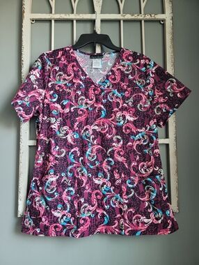 Cherokee, Large, Scrub Top - Pink, Teal & White Swirl Print, Medical Uniform
